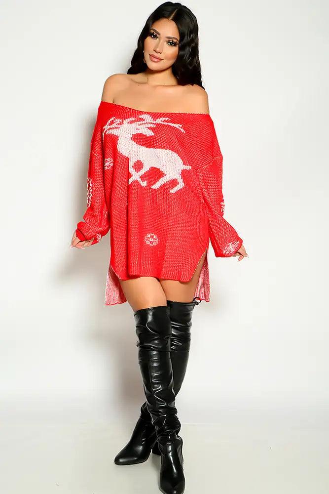 Red Long Sleeve Off The Shoulder Reindeer Print Sweater Dress - AMIClubwear