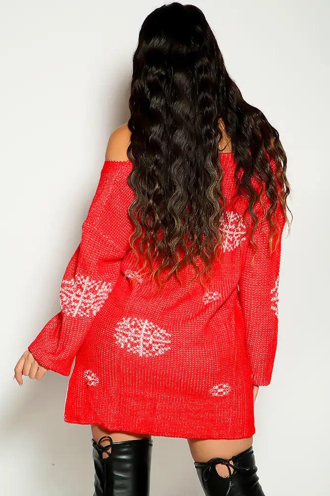 Red Long Sleeve Off The Shoulder Reindeer Print Sweater Dress - AMIClubwear