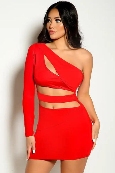 Red Long Sleeve One Shoulder Cut Out Party Dress - AMIClubwear