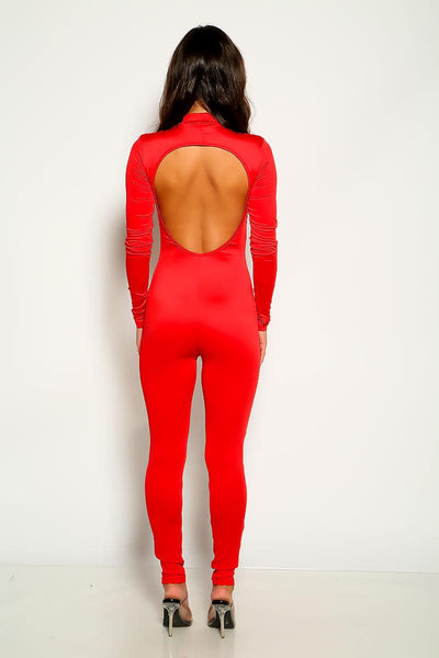Red Long Sleeve Open Back Jumpsuit - AMIClubwear