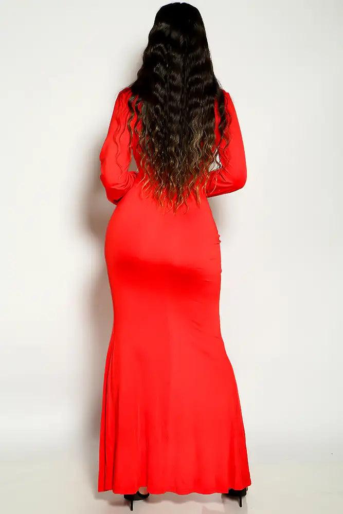 Red Long Sleeve Plunging Neckline Ruched Slit Sexy Maxi Dress - AMIClubwear