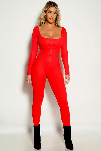 Red Long Sleeve Ribbed Zip Up Corset Piping Fitted Jumpsuit - AMIClubwear