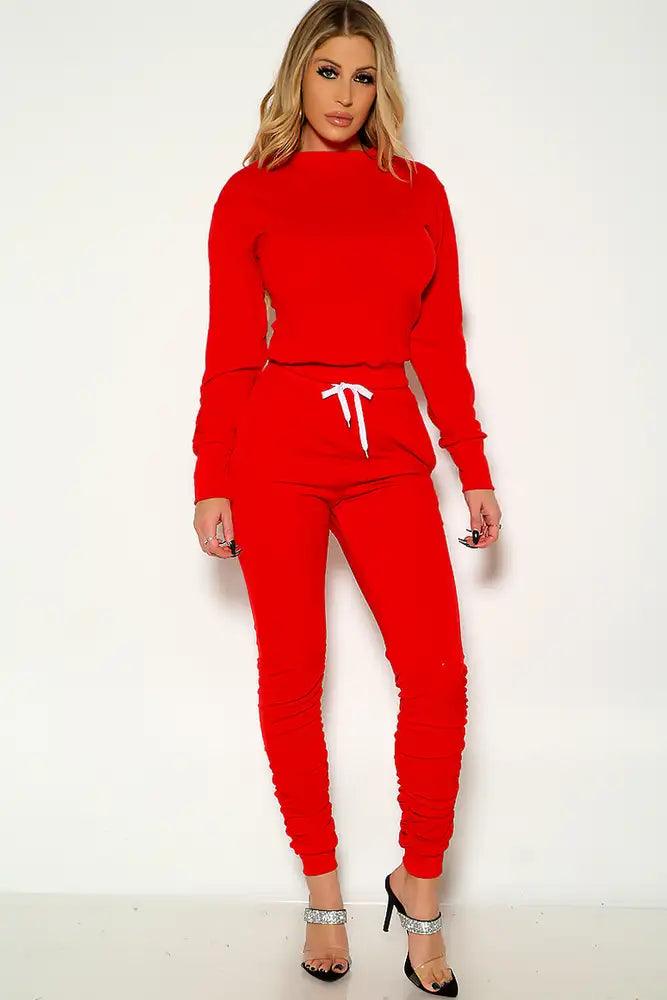 Red Long Sleeve Ruched Comfortable Lounge Wear Outfit - AMIClubwear