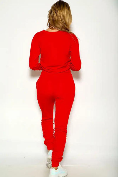 Red Long Sleeve Ruched Loungewear Two Piece Outfit - AMIClubwear