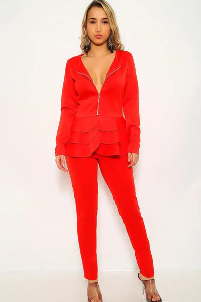 Red Long Sleeve Ruffled Two Piece Outfit - AMIClubwear