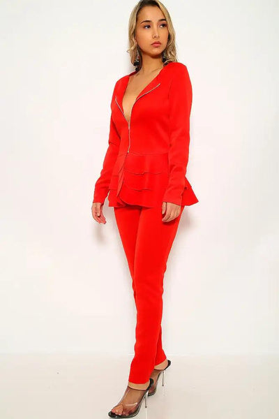 Red Long Sleeve Ruffled Two Piece Outfit - AMIClubwear