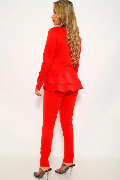 Red Long Sleeve Ruffled Two Piece Outfit - AMIClubwear