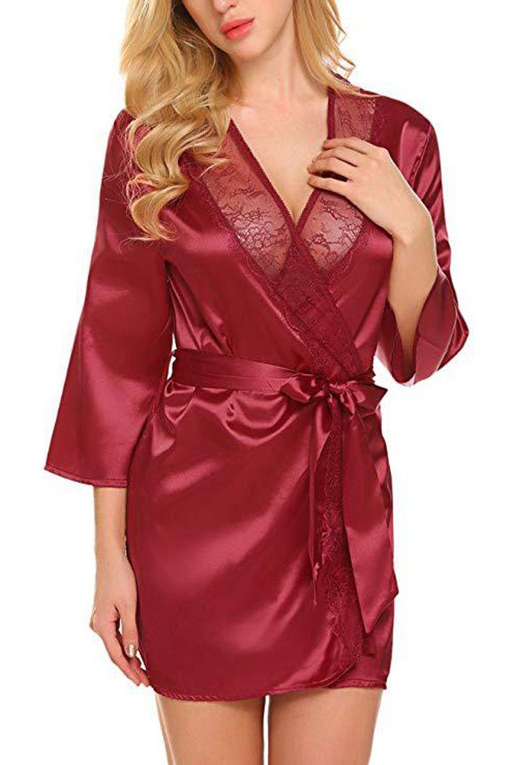 Red Long Sleeve Satin Lace Trim Belted Robe - AMIClubwear
