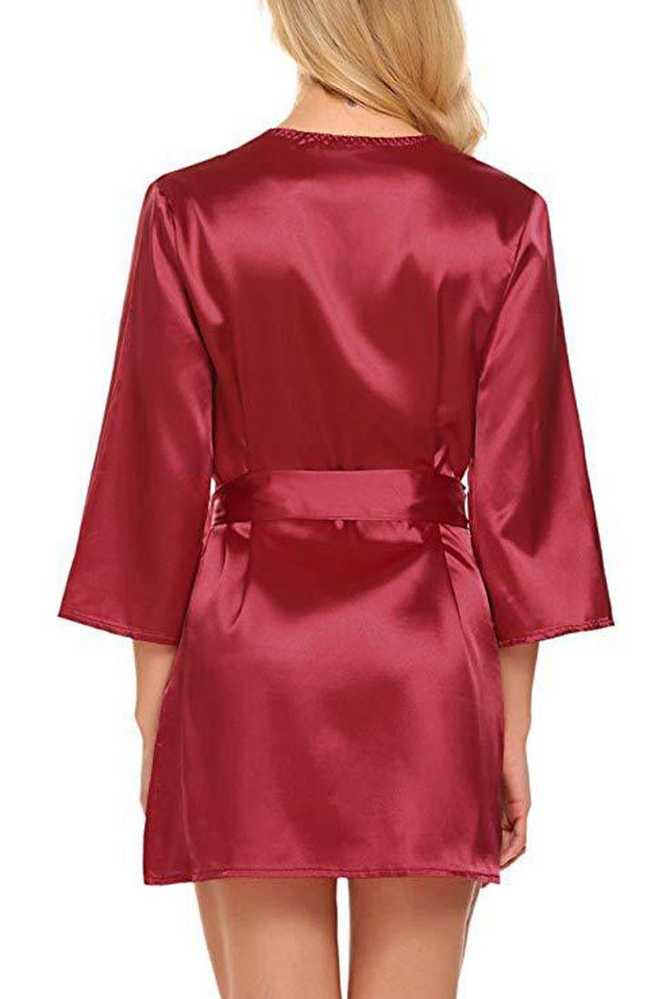 Red Long Sleeve Satin Lace Trim Belted Robe - AMIClubwear