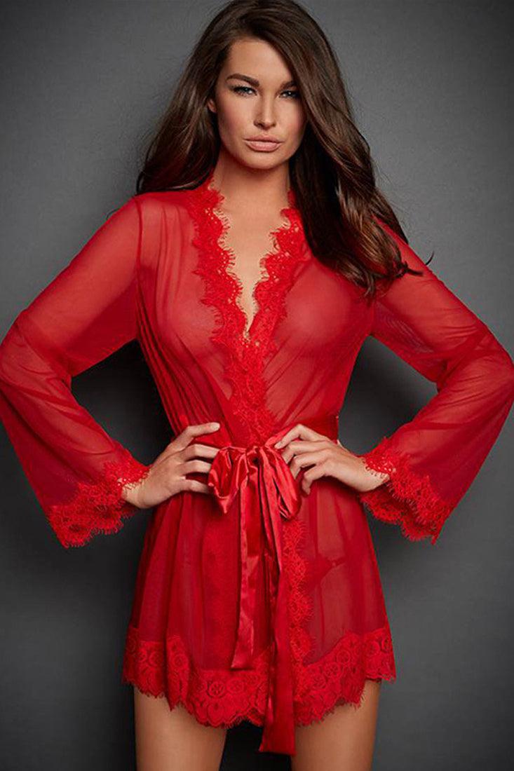 Red Long Sleeve See Through Frayed Trim Lingerie Robe 3 Pc Set - AMIClubwear