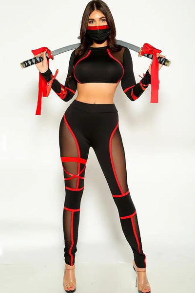 Red Long Sleeve Sexy Ninja 4 Piece costume - AMIClubwear