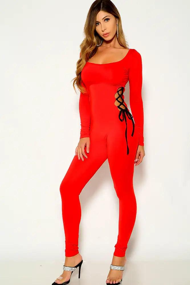 Red Long Sleeve Side Lace Up Stretchy Jumpsuit - AMIClubwear