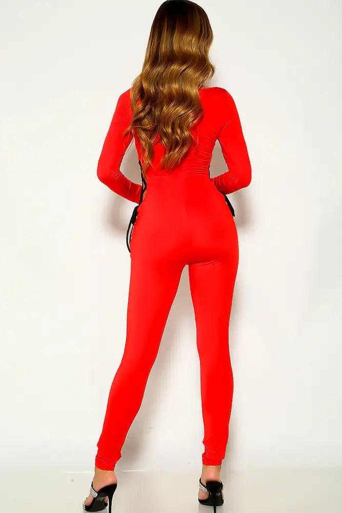 Red Long Sleeve Side Lace Up Stretchy Jumpsuit - AMIClubwear