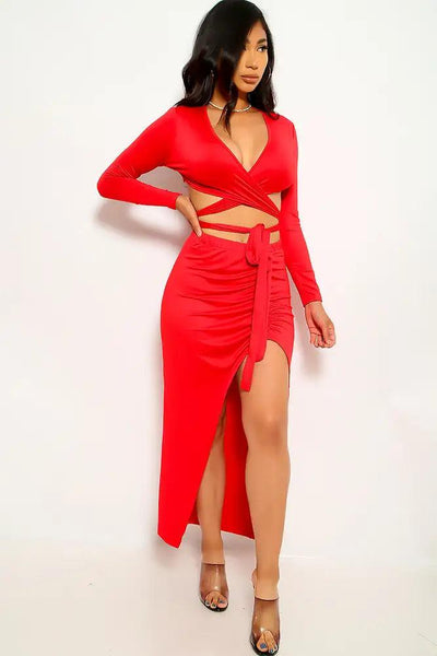 Red Long Sleeve Strappy Two Piece Dress - AMIClubwear