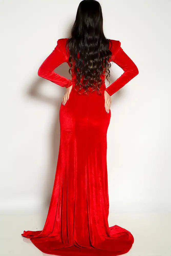 Red Long Sleeve Velvet Knotted High Slit Floor Length Gloves Maxi Cocktail Dress - AMIClubwear