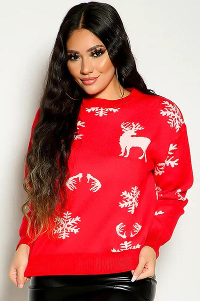 Red Long Sleeve Winter Print Holiday Sweater Dress - AMIClubwear