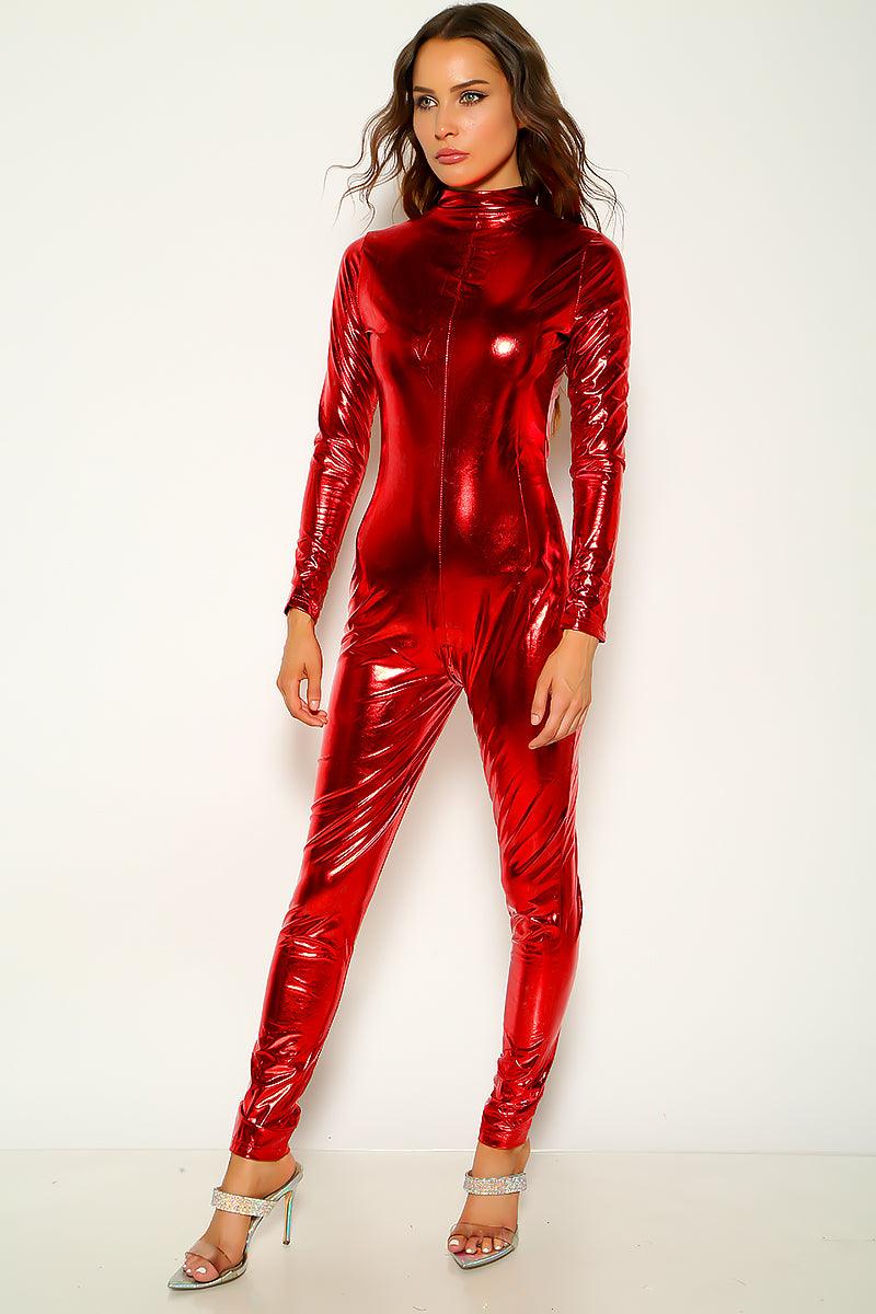 Red Long Sleeve Zip Up Faux Leather Jumpsuit - AMIClubwear