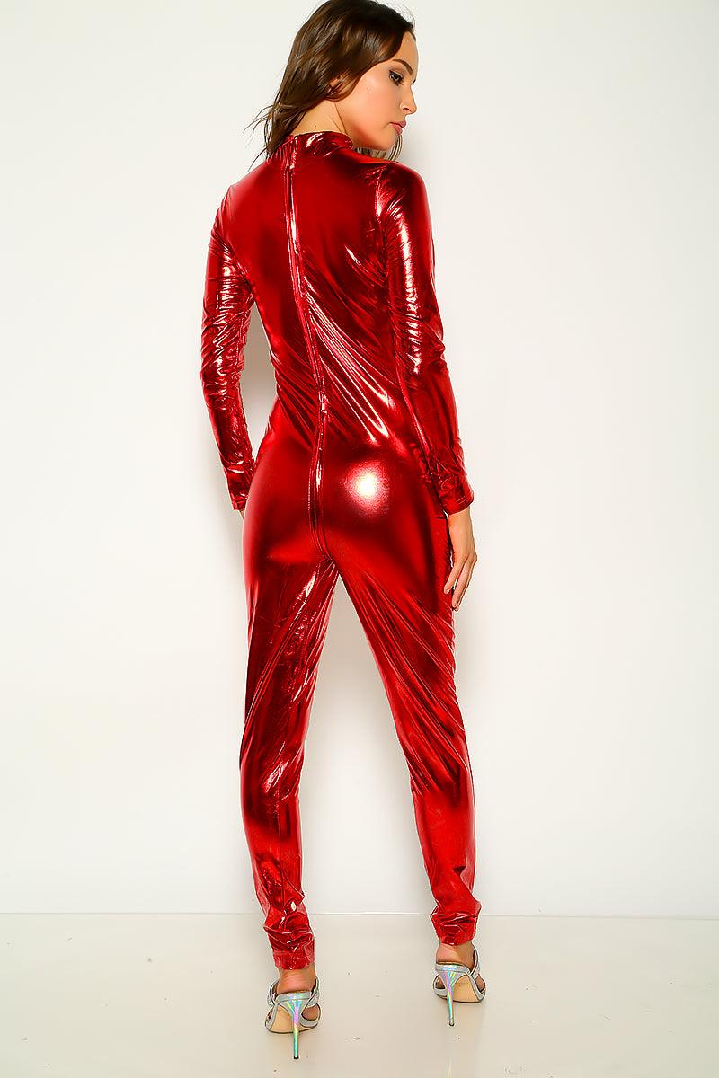 Red Long Sleeve Zip Up Faux Leather Jumpsuit - AMIClubwear