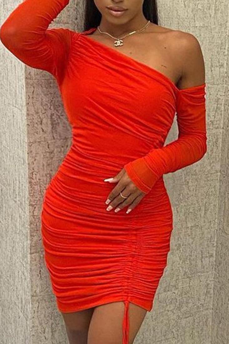 Red Long Sleeves Mesh Ruched Party Dress - AMIClubwear