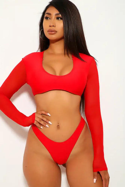 Red Long Sleeves Mesh Two Piece Swimsuit - AMIClubwear
