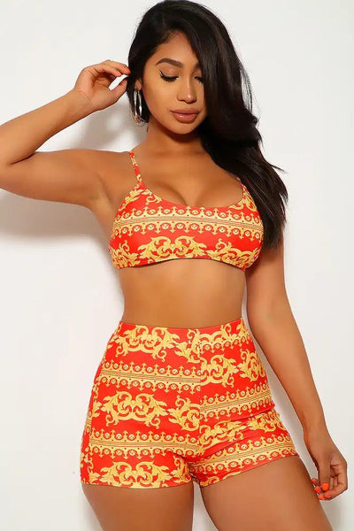 Red Marigold Graphic Print Three Piece Swimsuit - AMIClubwear