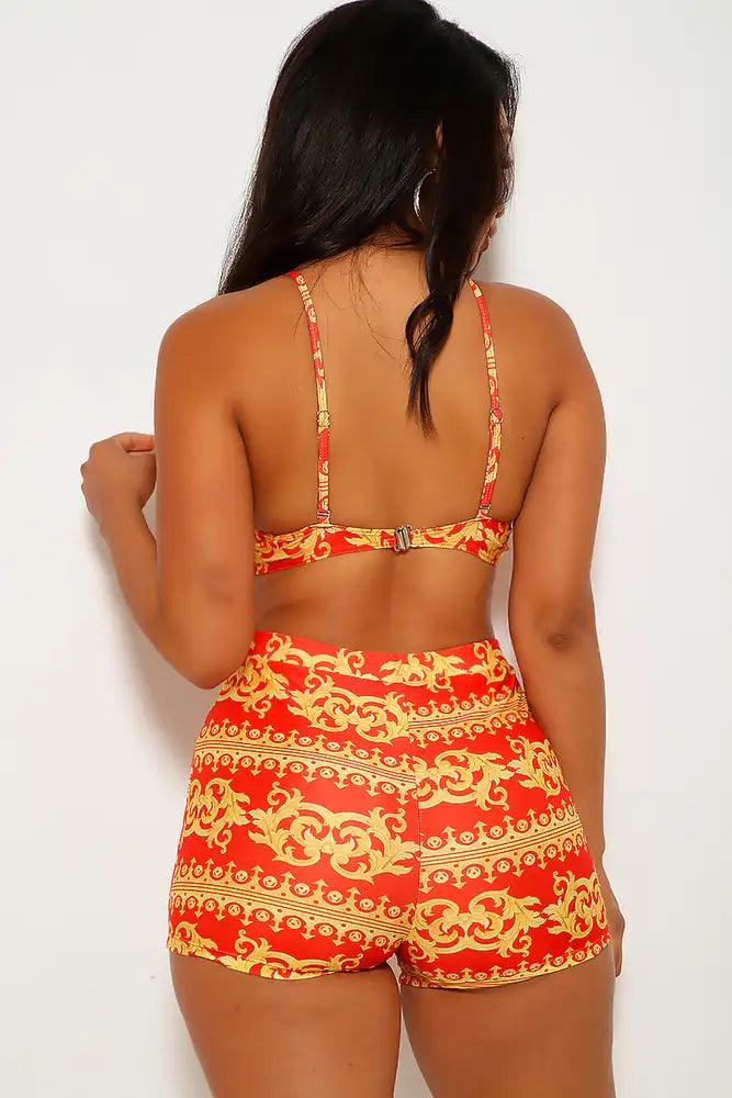 Red Marigold Graphic Print Three Piece Swimsuit - AMIClubwear