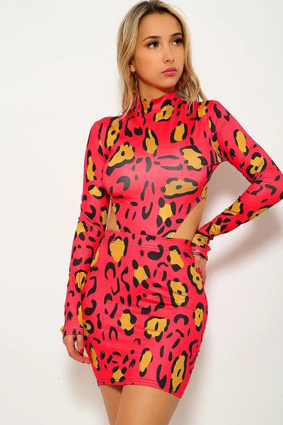 Red Marigold Leopard Print Two Piece Dress - AMIClubwear