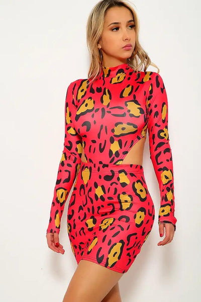 Red Marigold Leopard Print Two Piece Dress - AMIClubwear