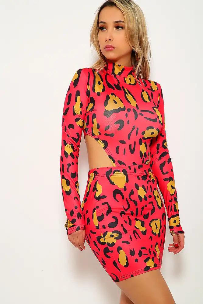 Red Marigold Leopard Print Two Piece Dress - AMIClubwear