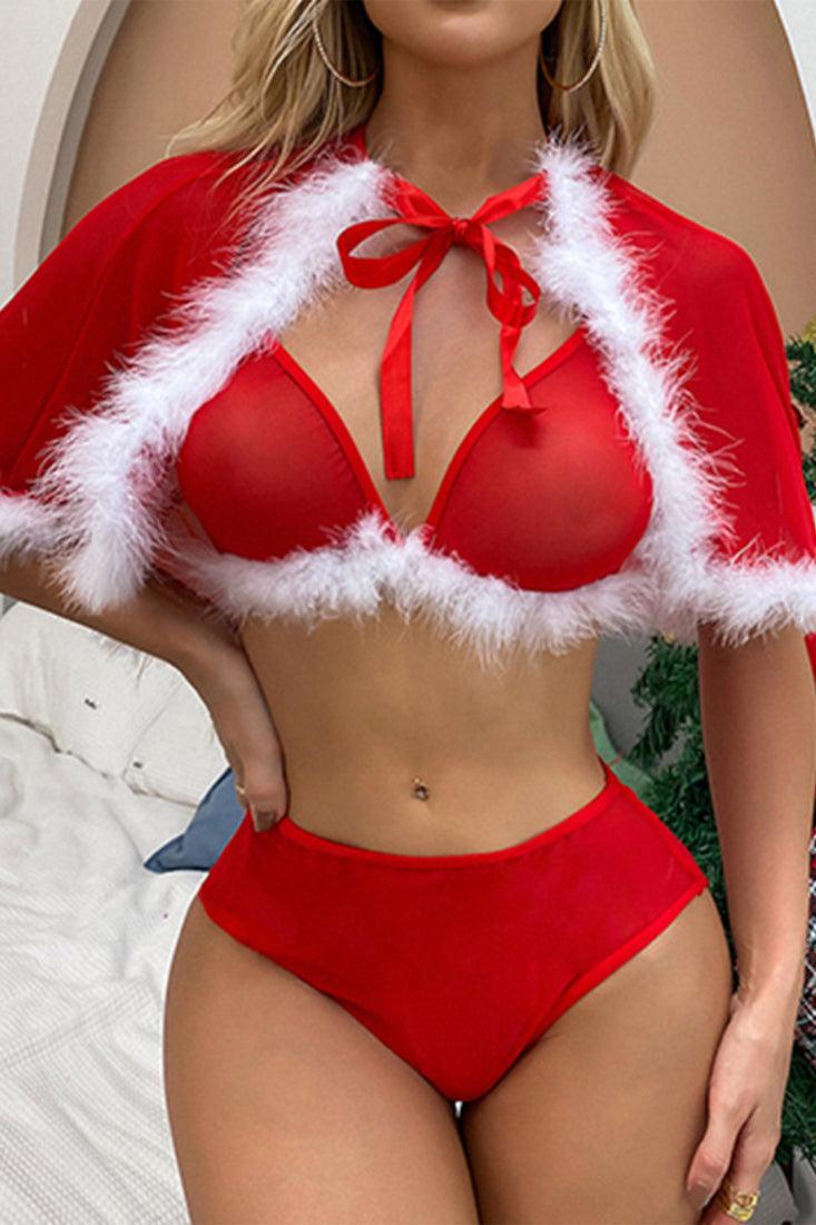 Red Mesh Cape Faux Fur Trim Sexy Three Piece Holiday Costume - AMIClubwear