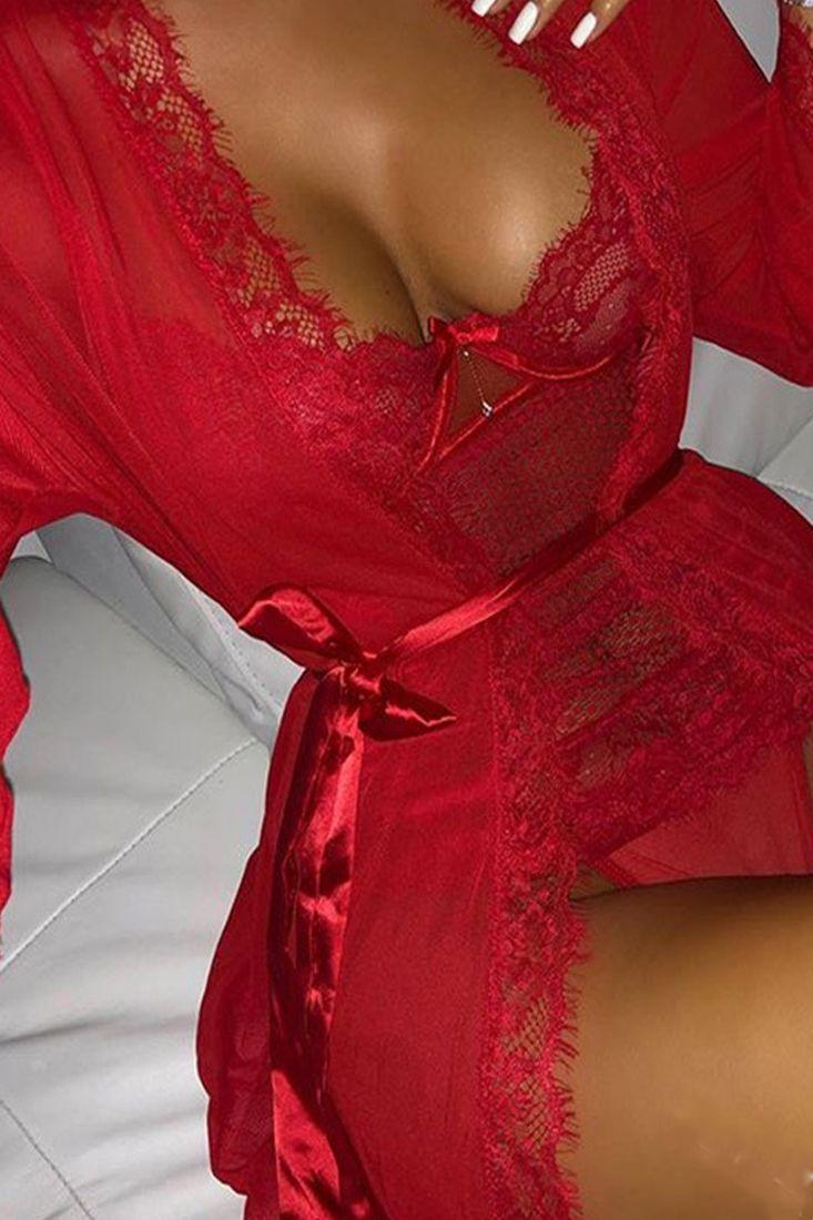 Red Mesh Lace Trim Robe Dotted Teddy Two Piece Lingerie Set - AMIClubwear