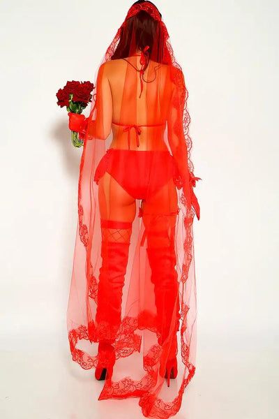 Red Mesh Long Veil Bride 4 Piece Costume - AMIClubwear