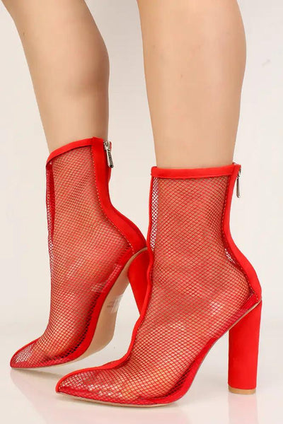 Red Mesh Netted Chunky Heel Booties - AMIClubwear