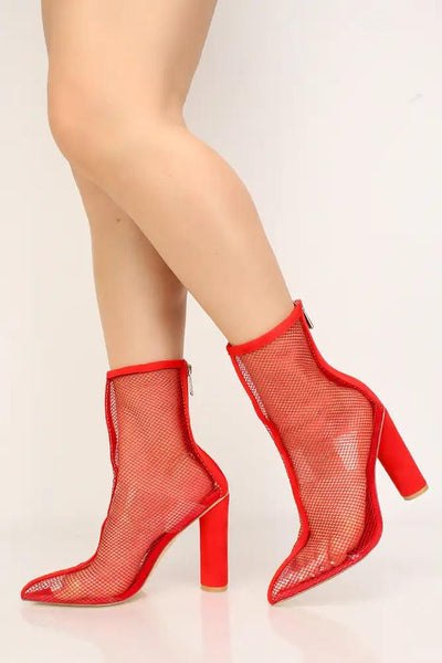 Red Mesh Netted Chunky Heel Booties - AMIClubwear