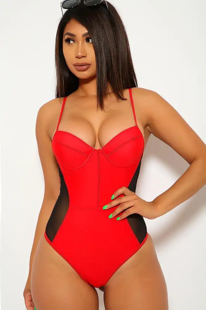 Red Mesh One Piece Swimsuit - AMIClubwear