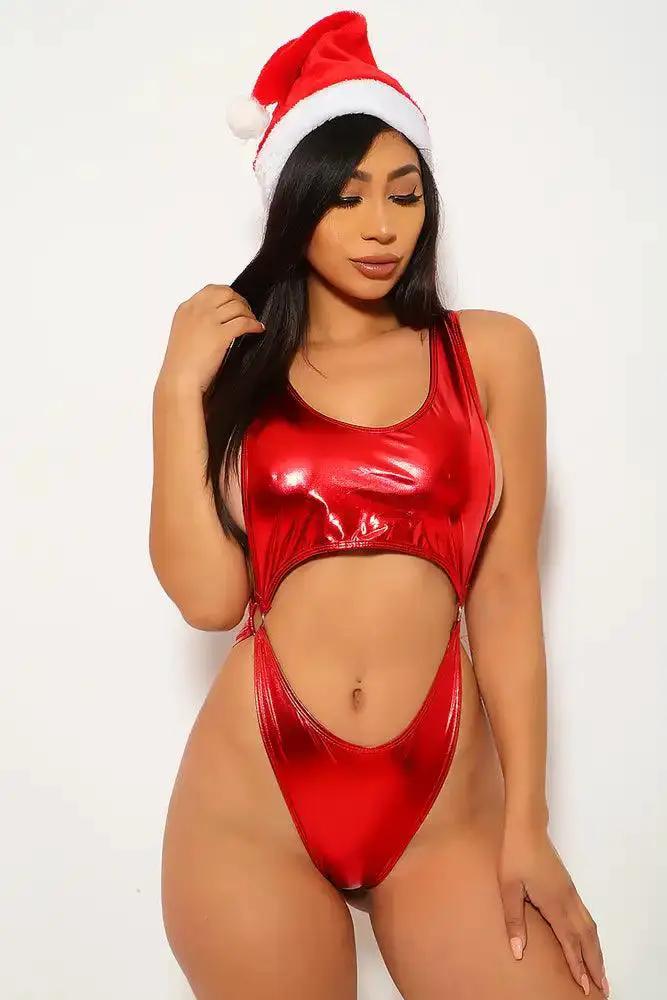 Red Metallic Faux Leather Cut Out Bodysuit