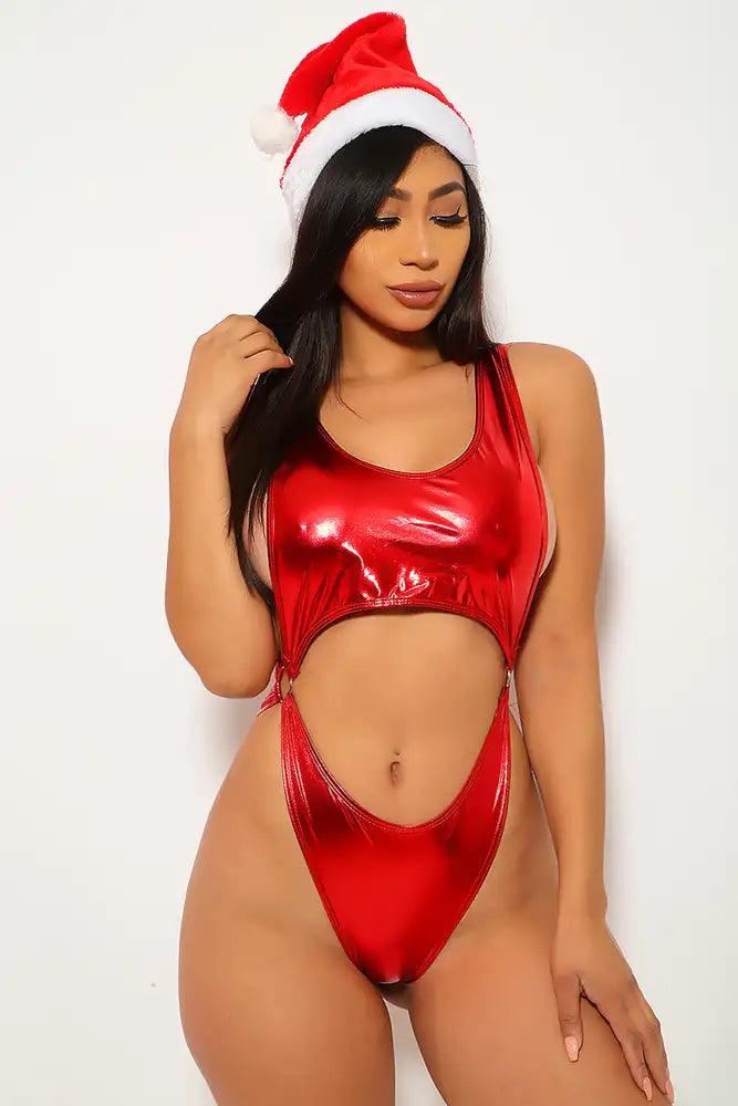 Red Metallic Faux Leather Cut Out Bodysuit - AMIClubwear