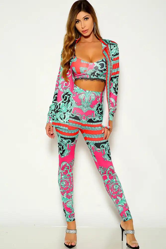 Red Mint Graphic Print Two Tone Three Piece Outfit - AMIClubwear