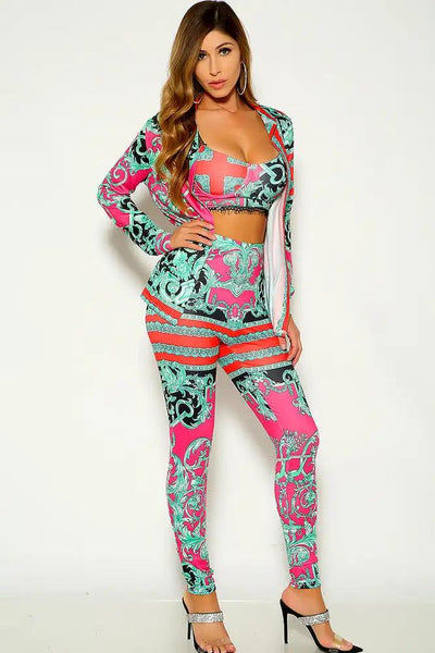 Red Mint Graphic Print Two Tone Three Piece Outfit - AMIClubwear