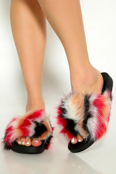 Red Multi Faux Fur Open Toe Slip On Sandals - AMIClubwear