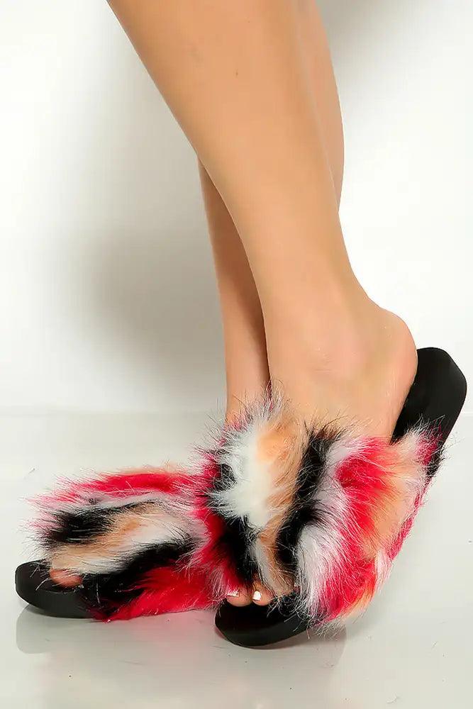 Red Multi Faux Fur Open Toe Slip On Sandals - AMIClubwear