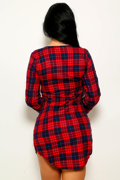 Red Navy Plaid Lace Up Button Long Sleeve Mini Dress - AMIClubwear