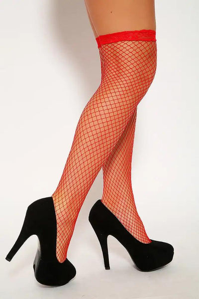 Red Netted Lace Thigh High Stockings - AMIClubwear