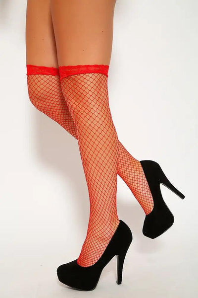 Red Netted Lace Thigh High Stockings - AMIClubwear