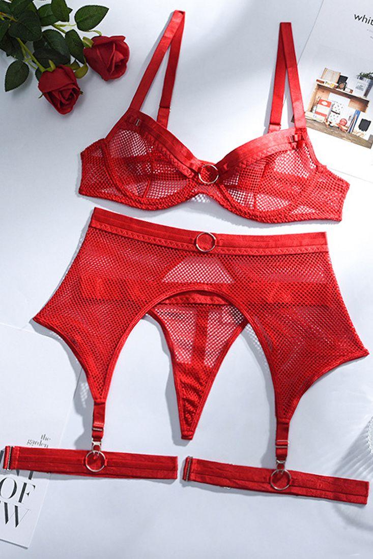Red Netted Mesh Bra Garter Pantie Lingerie Set - AMIClubwear