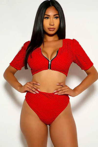 Red Netted Short Sleeve Plus Size Swimsuit - AMIClubwear