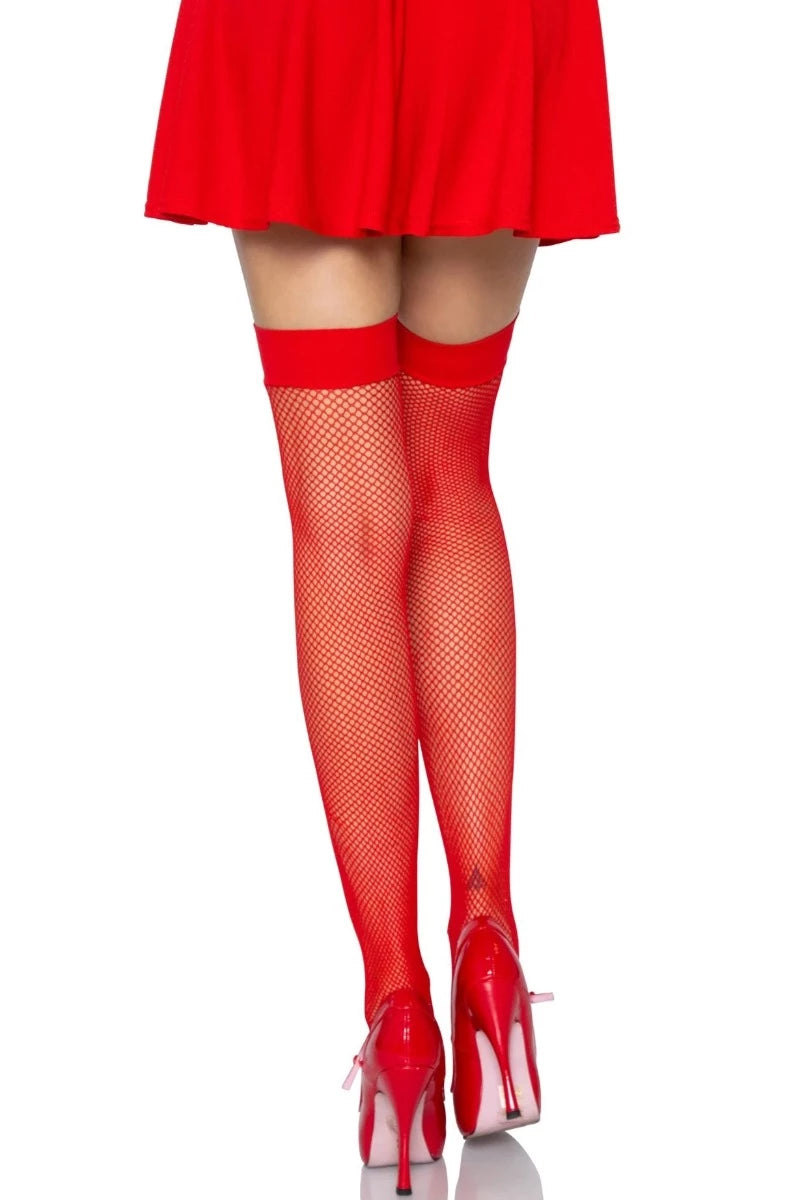 Red Nylon Fishnet Thigh Highs - AMIClubwear