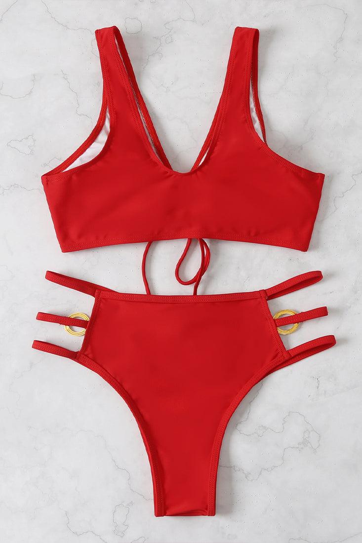 Red O-Ring Accent Strappy Hollow Out Sexy 2 Pc Bikini Set - AMIClubwear