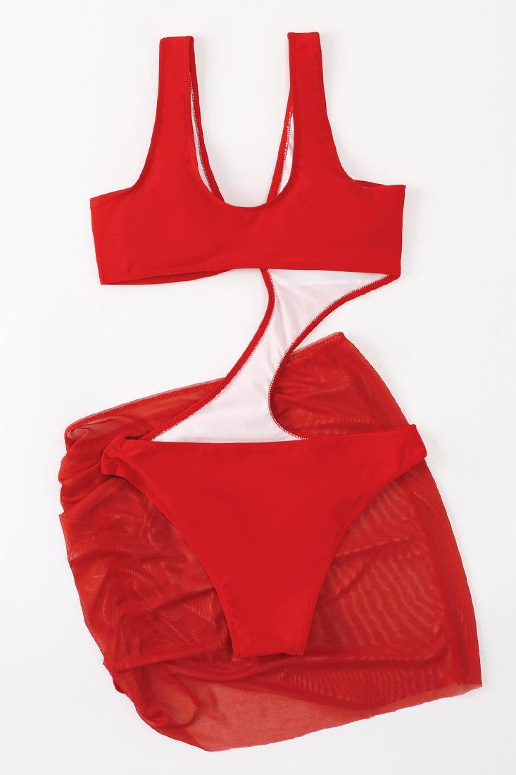 Red O-Ring Cut Out Monokini With Ruched Skirt Cover Up - AMIClubwear