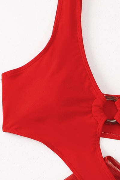 Red O-Ring Cut Out Monokini With Ruched Skirt Cover Up - AMIClubwear